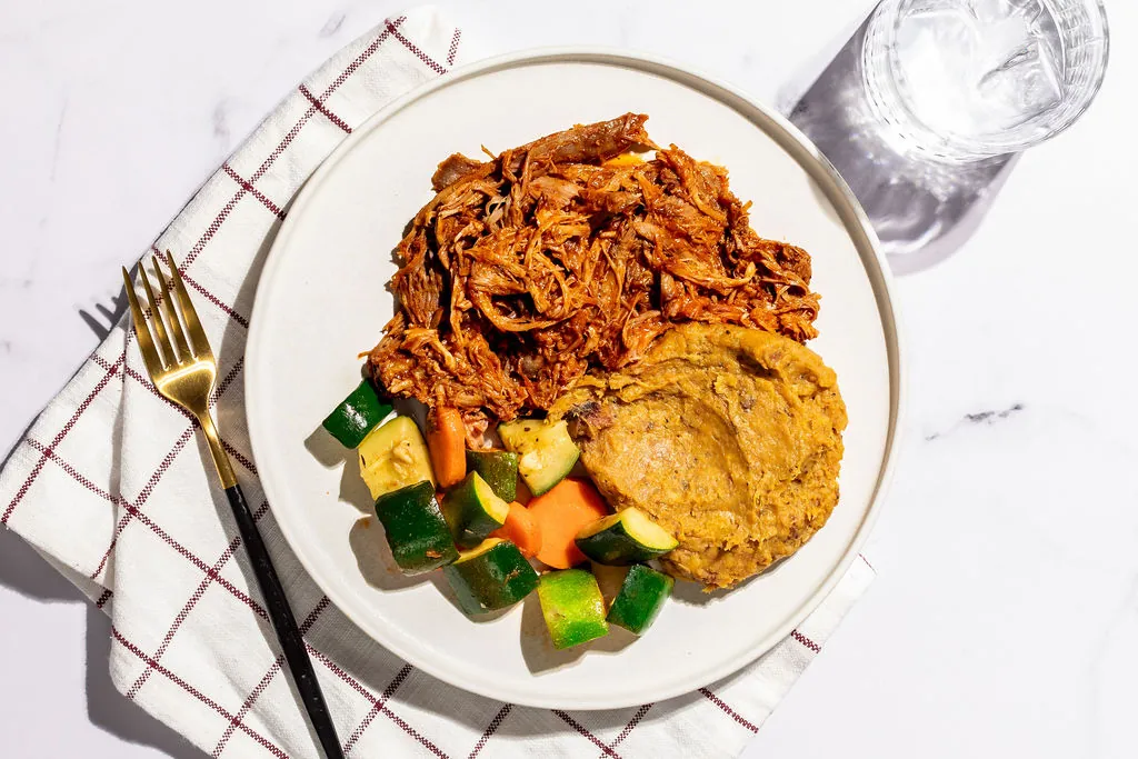 BBQ Pulled Pork with Sweet Plantain Mash, a Forkful-style prepared meal