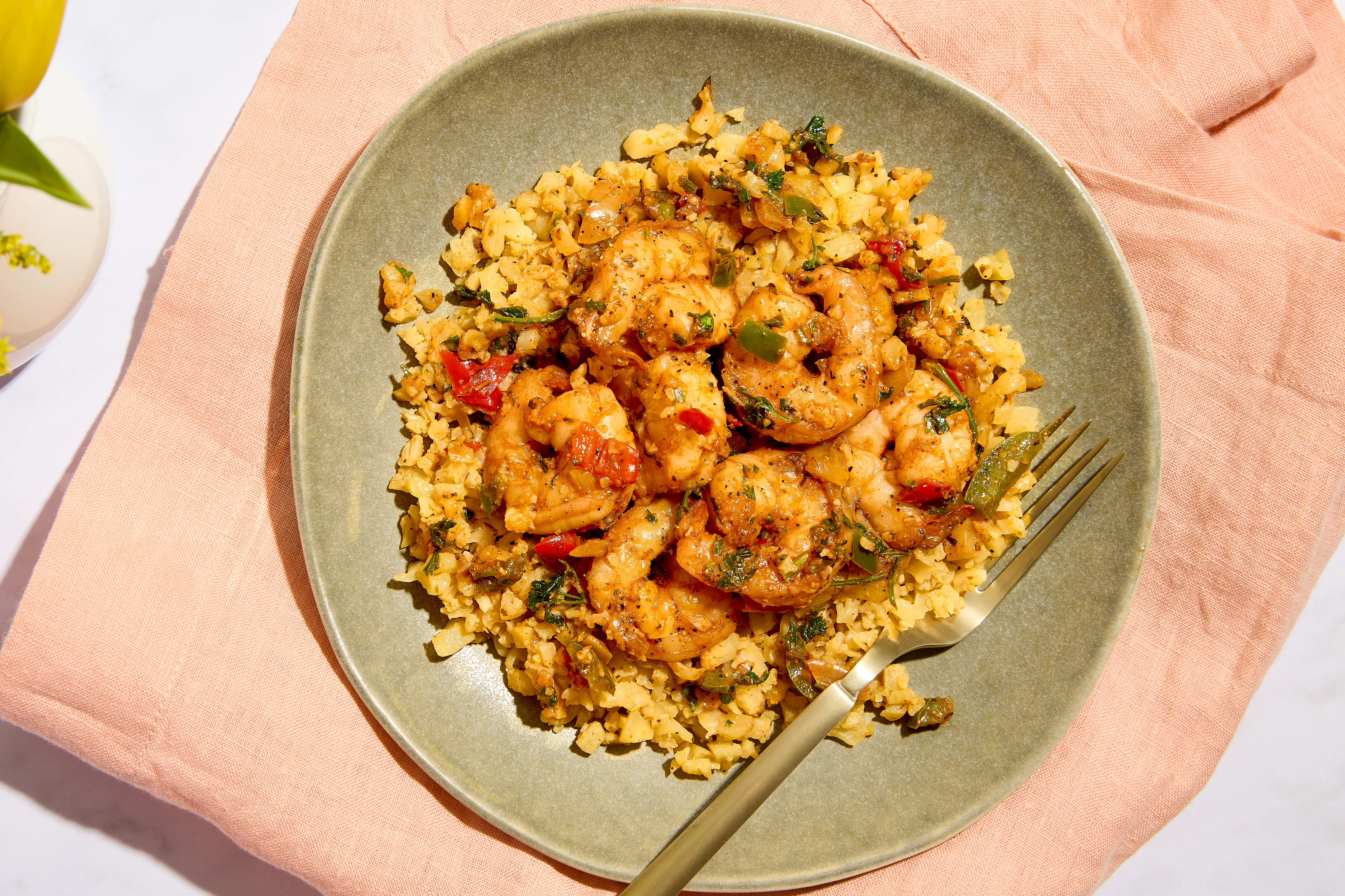 Bourbon Shrimp over Cauliflower Grits, a Forkful-style prepared meal
