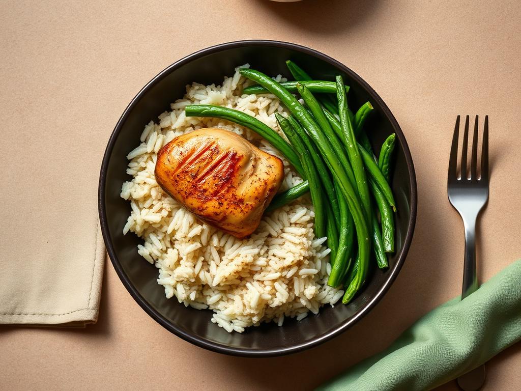 A prepared chicken, rice, and green bean meal ready to eat